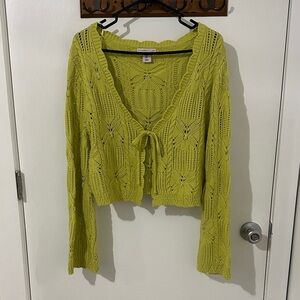 Sincerly Jules Lime Green Crochet Tie-Front V-Neck Sweater